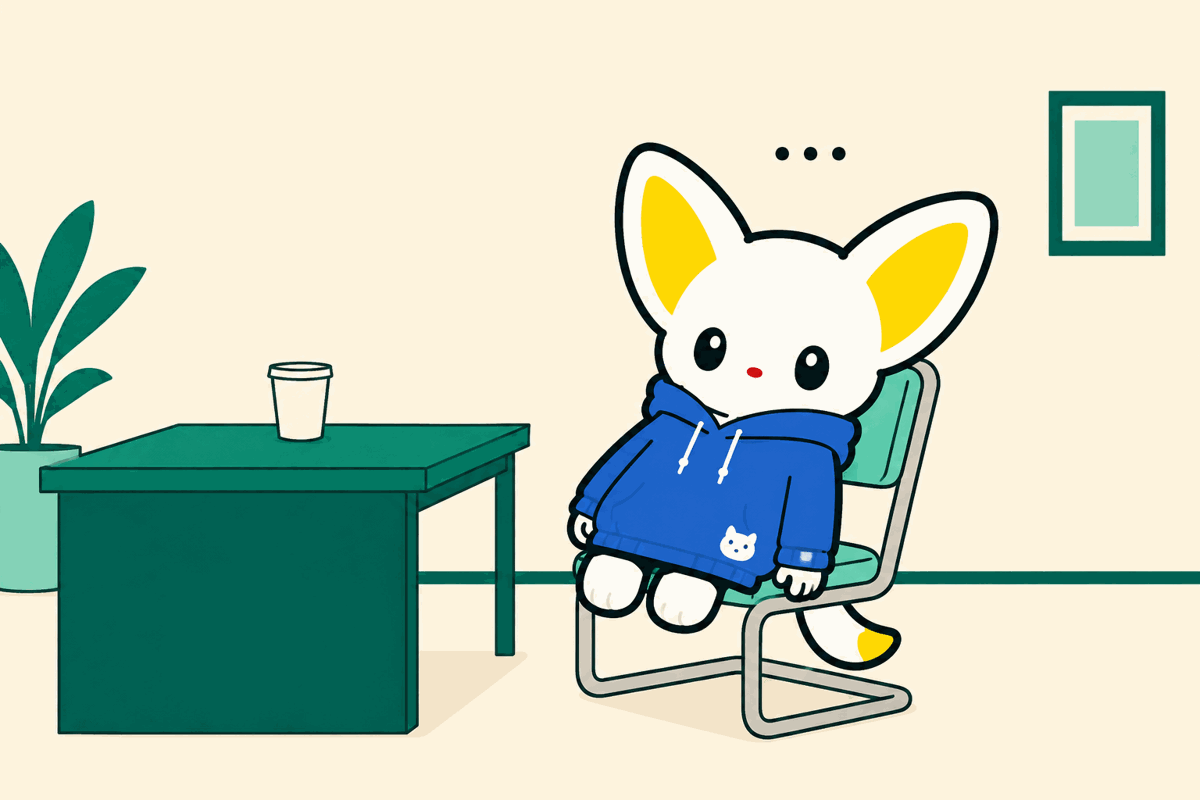 Emoi-chan slumped listlessly on a chair with a “...” above her head