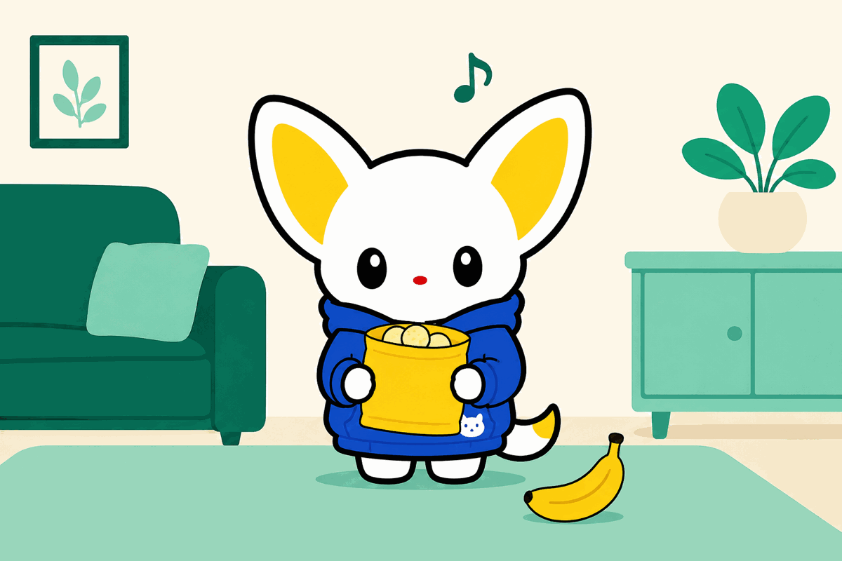 エモワちゃんが黄色いお菓子の袋を抱えている挿絵