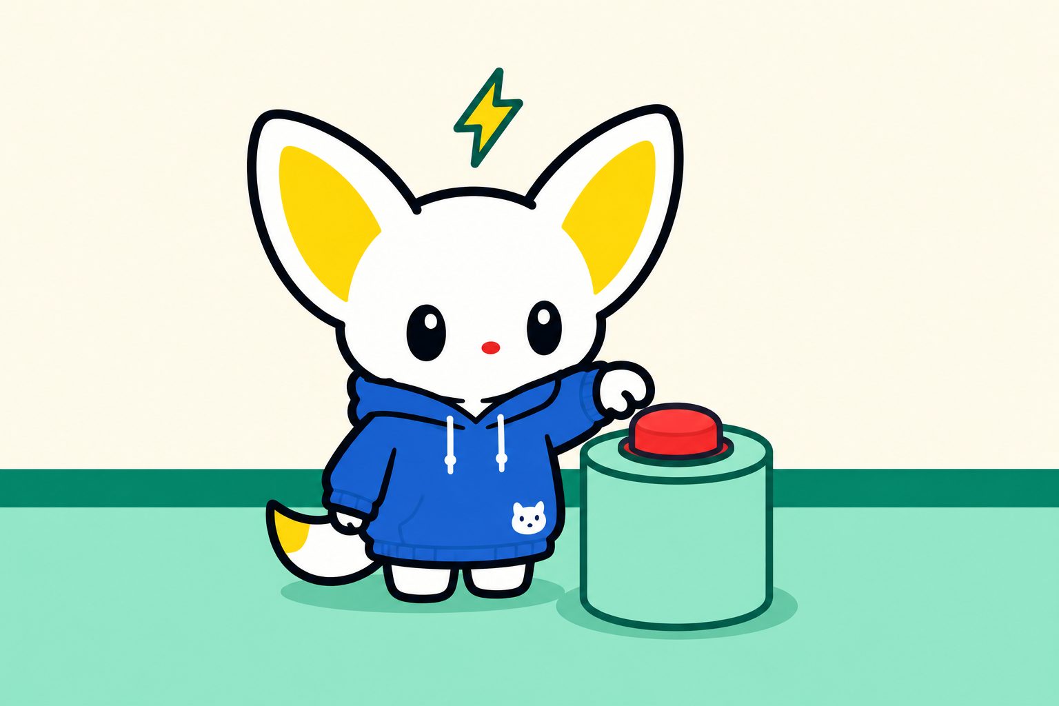 大きな赤いボタンに手を伸ばして押そうとしているエモワちゃんの挿絵