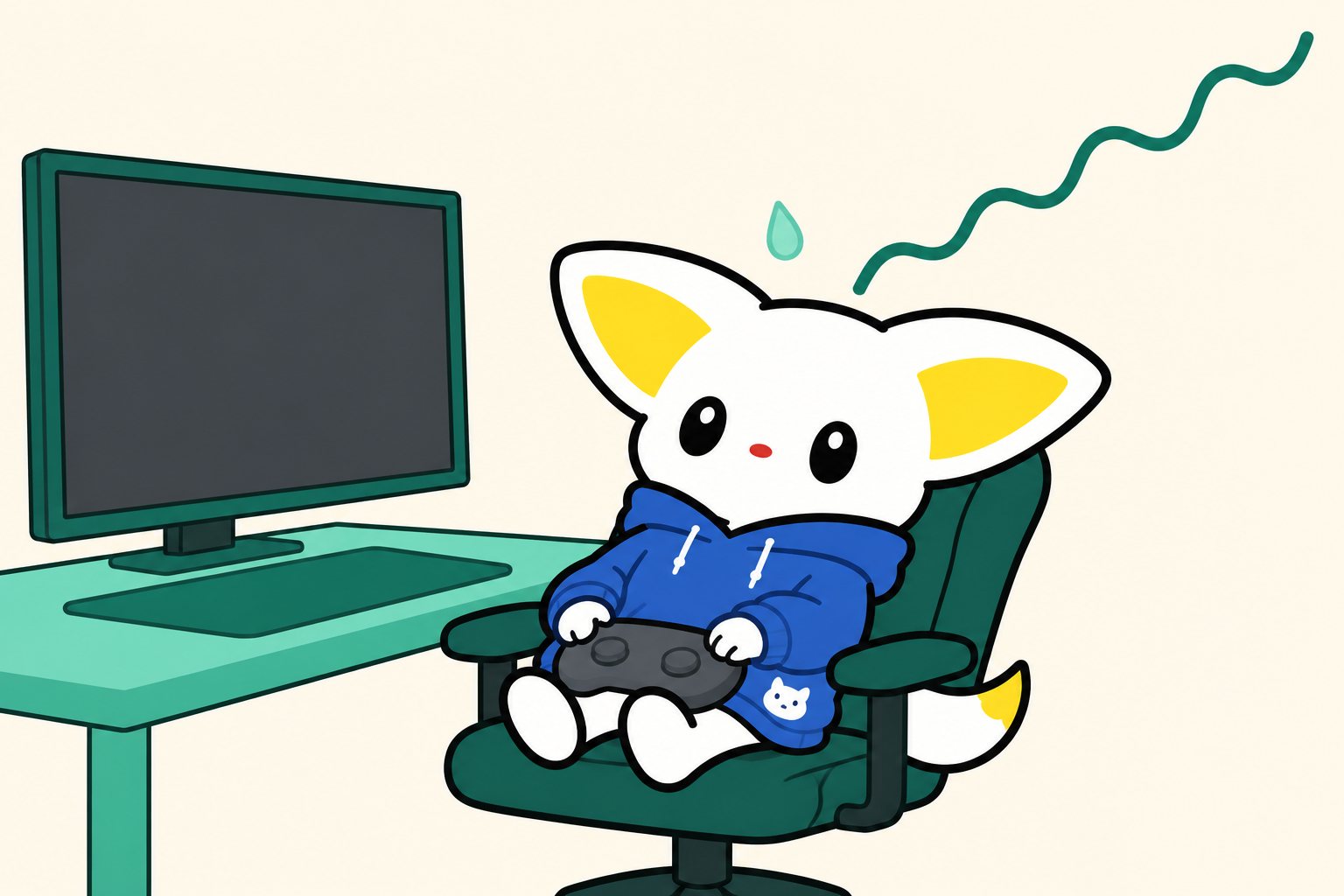 エモワちゃんがゲームのコントローラーを膝に置いて椅子にもたれ、暗くなったモニターの前で声を長く伸ばしている挿絵