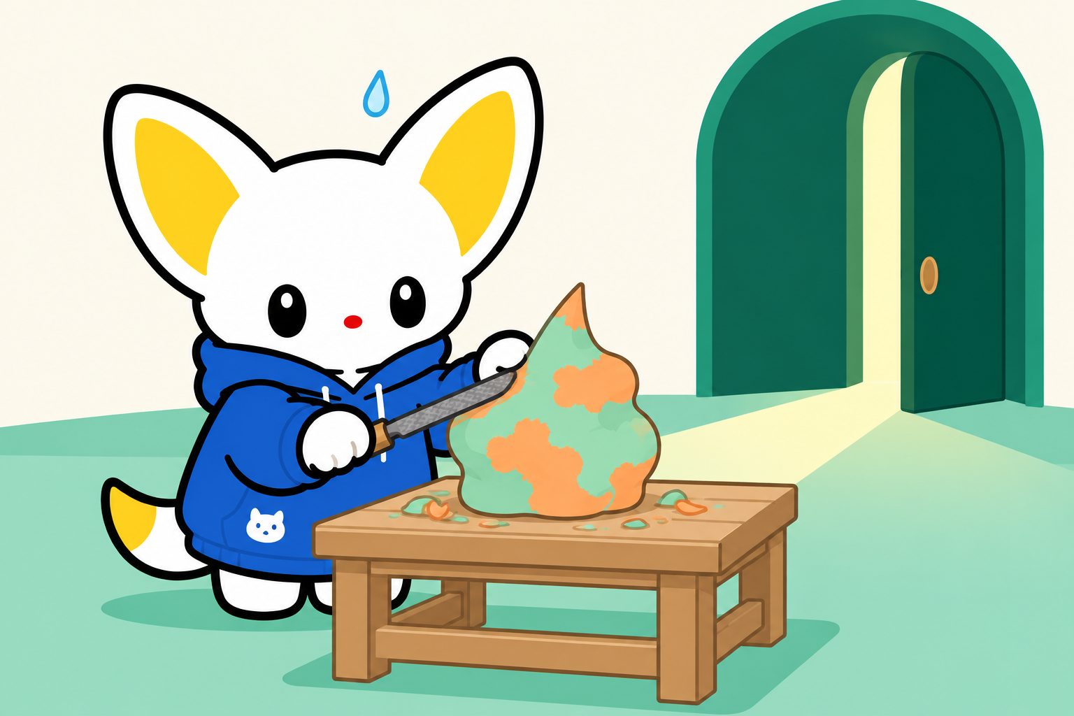 でこぼこした粘土の作品をやすりで整えながら、とがった部分を1つだけ残しているエモワちゃんの挿絵