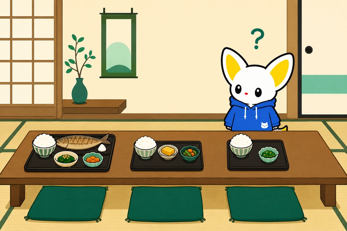 豪華な食事のトレイから質素なトレイまでが順に並ぶ食卓で、いちばん質素なトレイの前に座ったエモワちゃんが首をかしげている挿絵