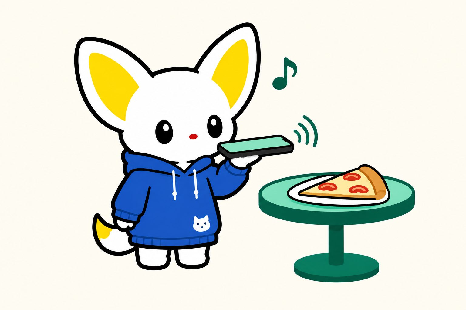 スマホを手のひらに水平に乗せて画面を上に向け、あごの下に寄せて話しているエモワちゃんと、隣のお皿に乗った同じ向きのピザのひと切れの挿絵