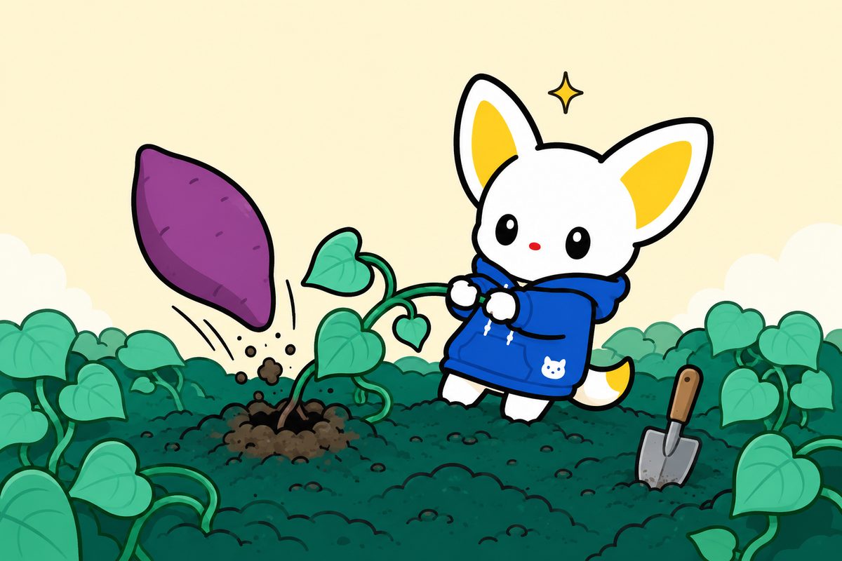 耕されたふかふかの畑でエモワちゃんが蔓を引き、紫のサツマイモがスポッと抜けた瞬間の挿絵。そばに大人が置いた小さなスコップ