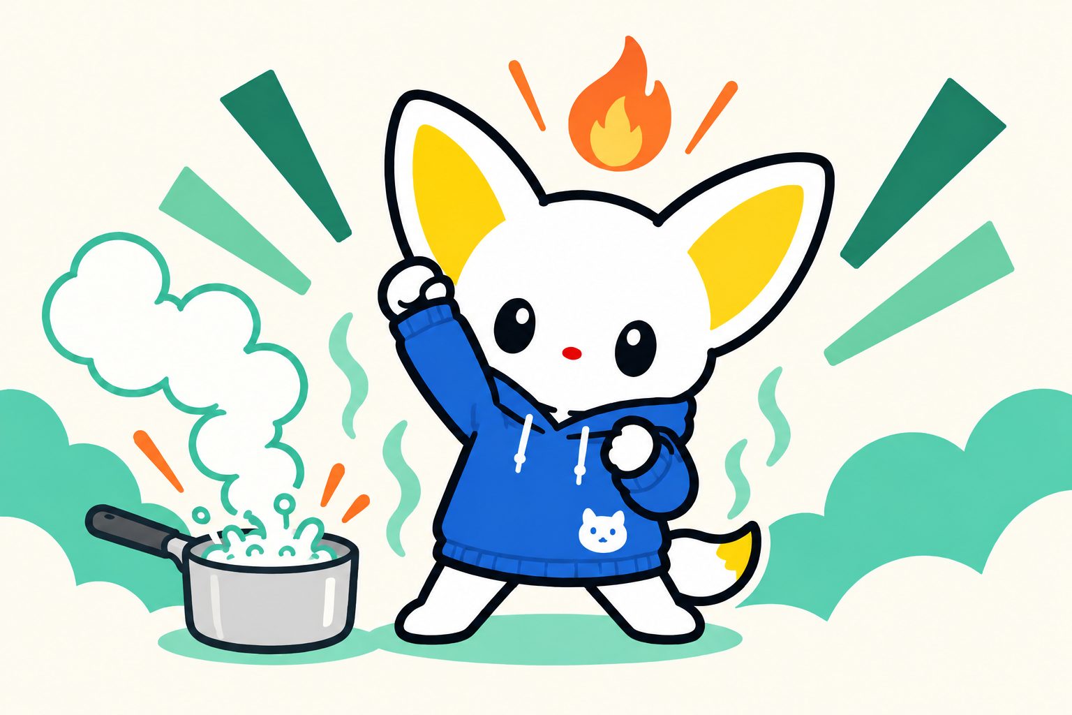 ぐつぐつ沸く片手鍋の横で、こぶしを突き上げて燃えているエモワちゃんの挿絵