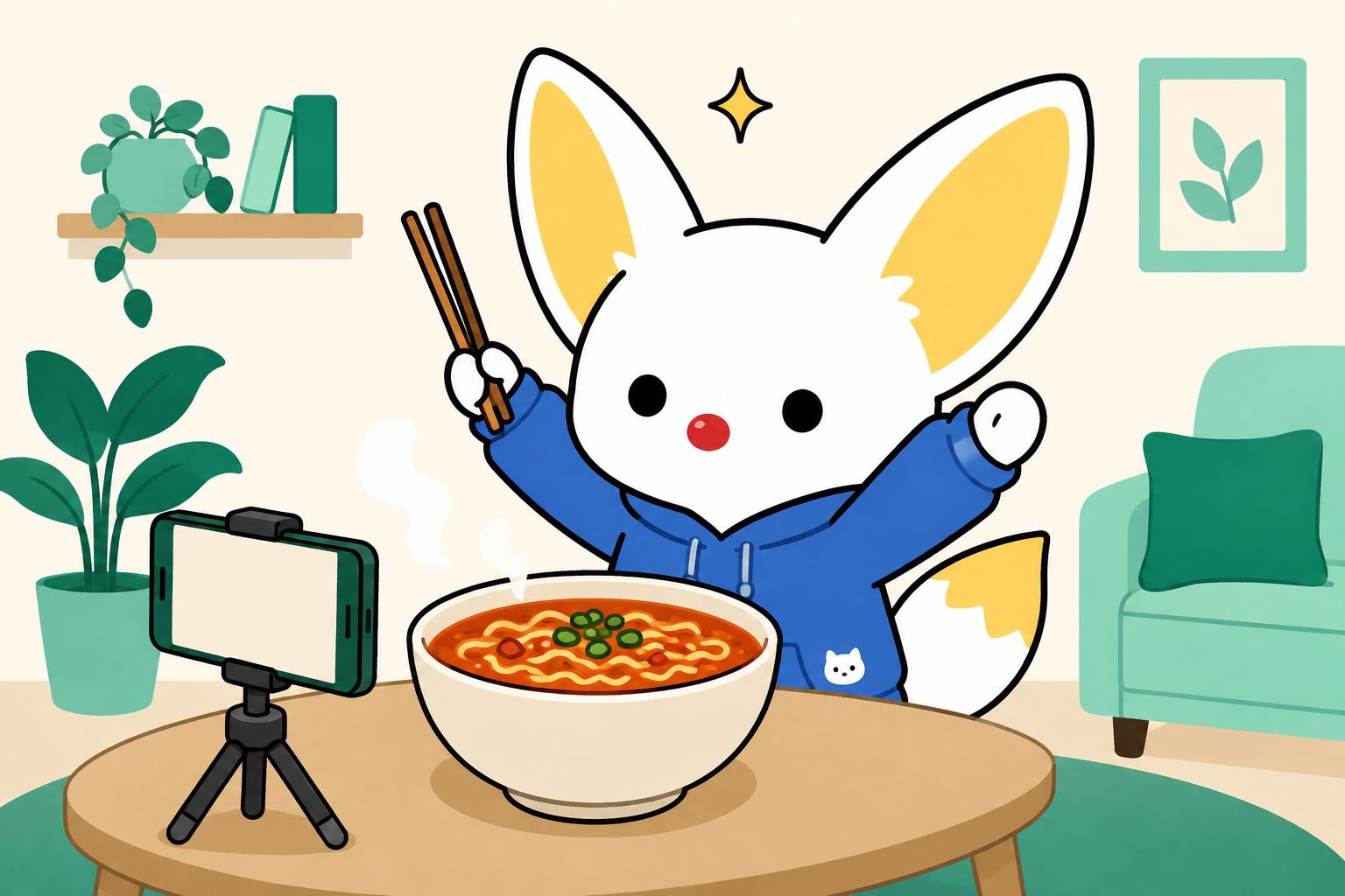 エモワちゃんが辛そうな麺の丼を前に箸を持って両腕を上げ、三脚のスマホで自分を撮っている挿絵