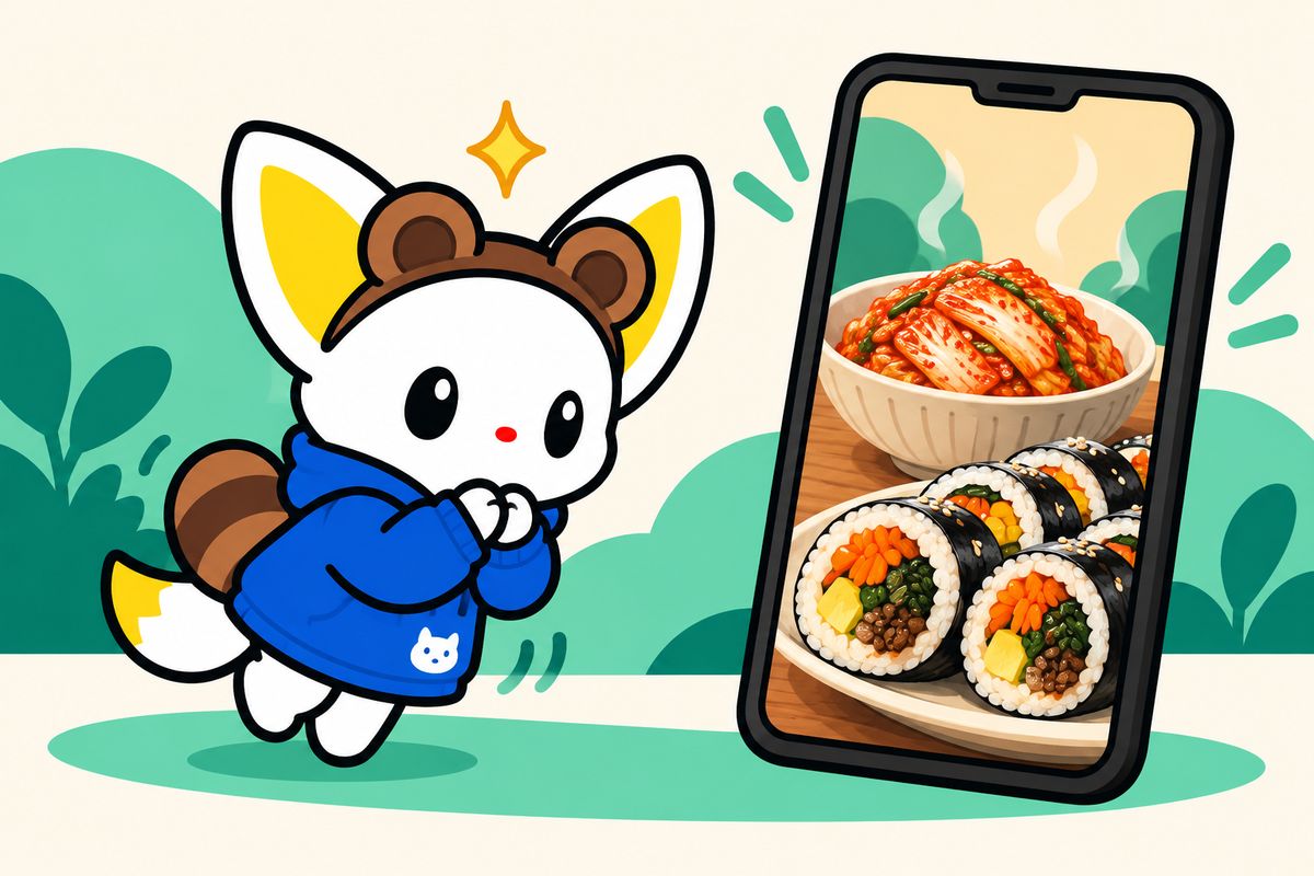 너구리 귀 머리띠와 꼬리 장식을 단 에모와짱이 김치와 김밥이 나온 스마트폰 화면을 향해 눈을 반짝이며 다가가는 그림